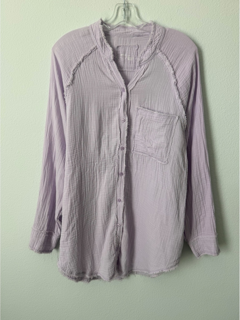 AERIE Gauze Cotton Raglan Long Sleeve Button Up Raw Hem Oversized Shirt Size S